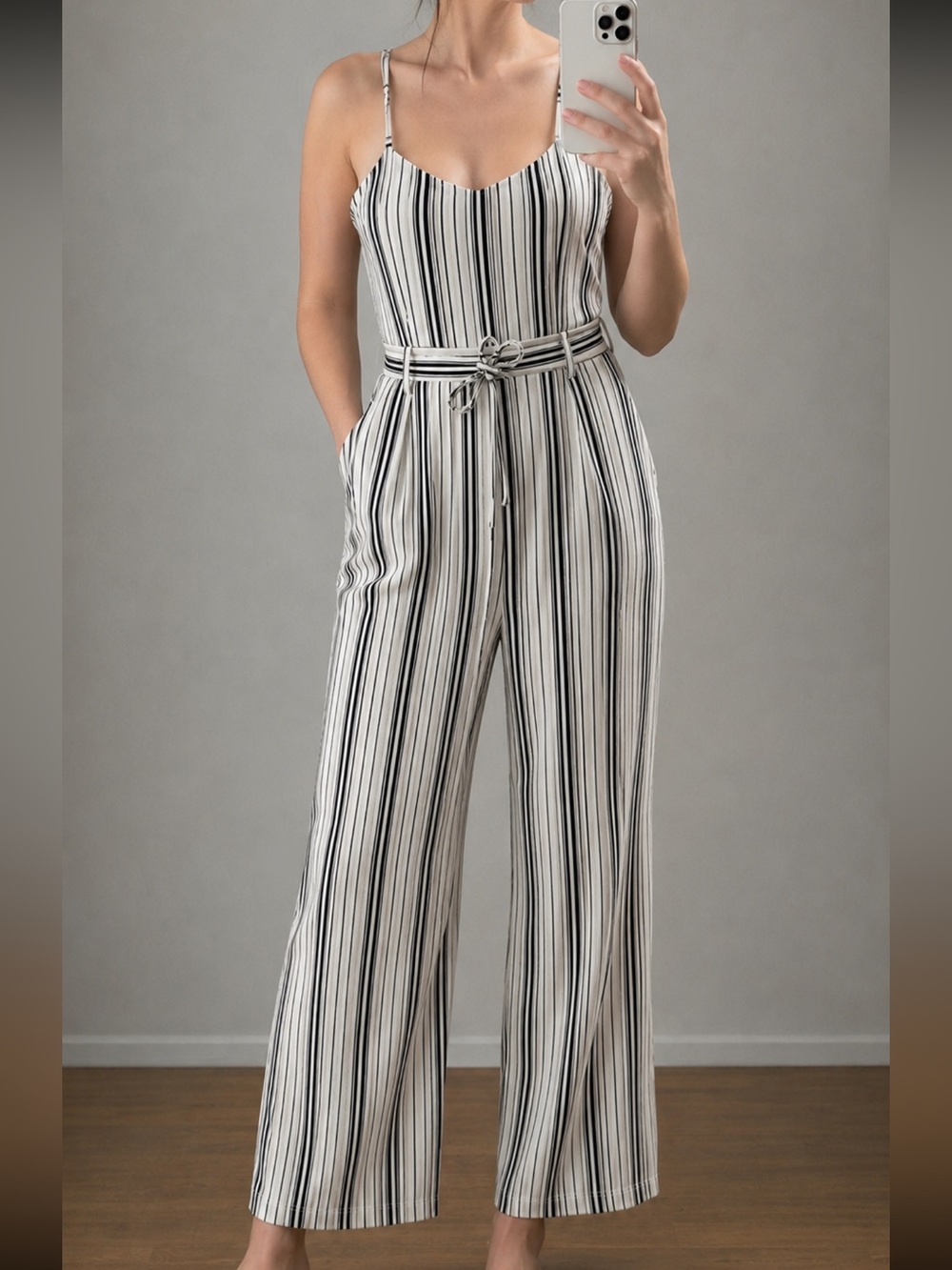 Papillon Black & White Striped Wide-Leg Jumpsuit | Belted Sleeveless Romper